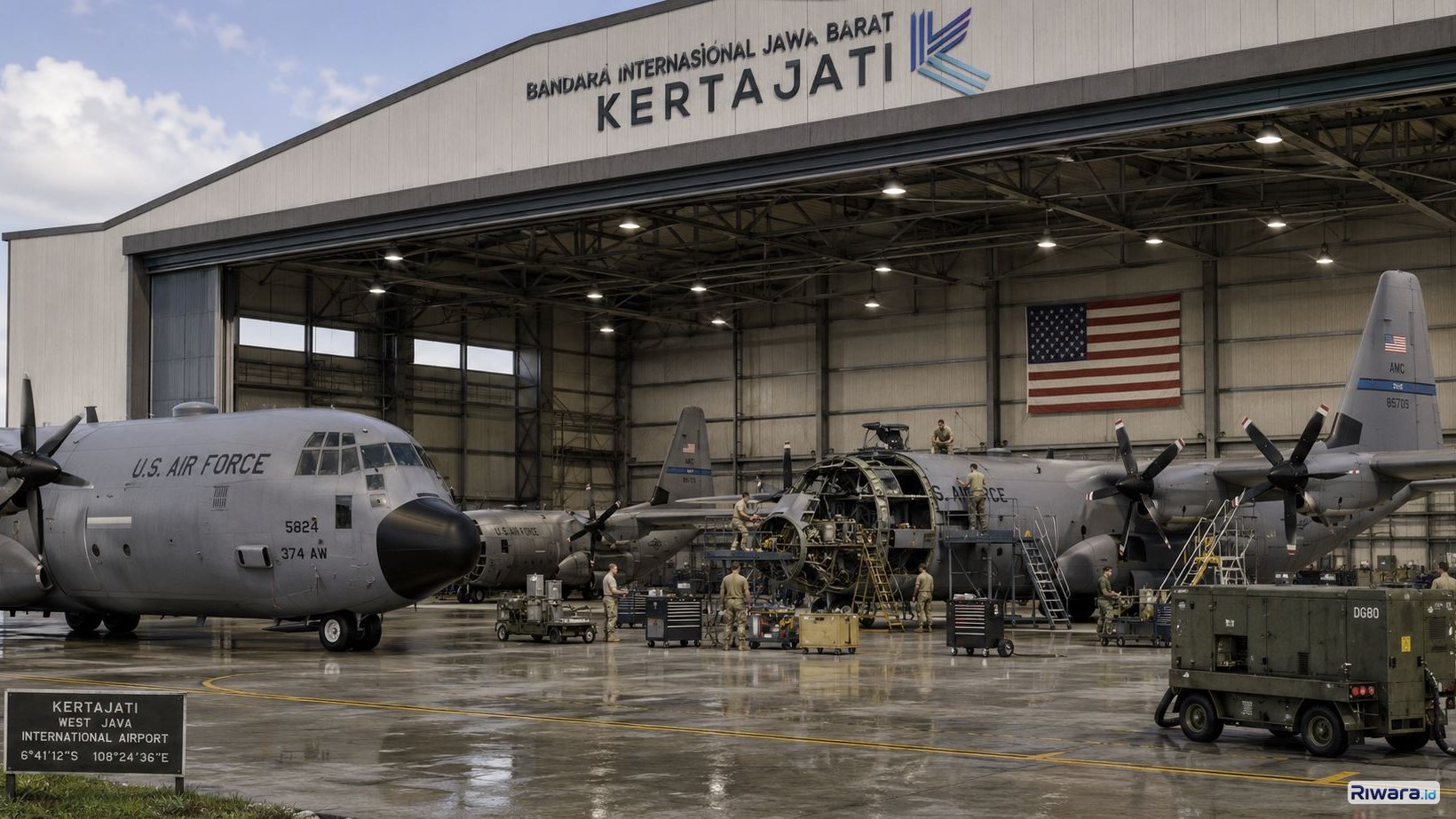 Ilstrasi fasilitas perawatan pesawat C-130 Hercules AS di Bandara Kertajati dibuat dengan bantuan ChatGPT AI